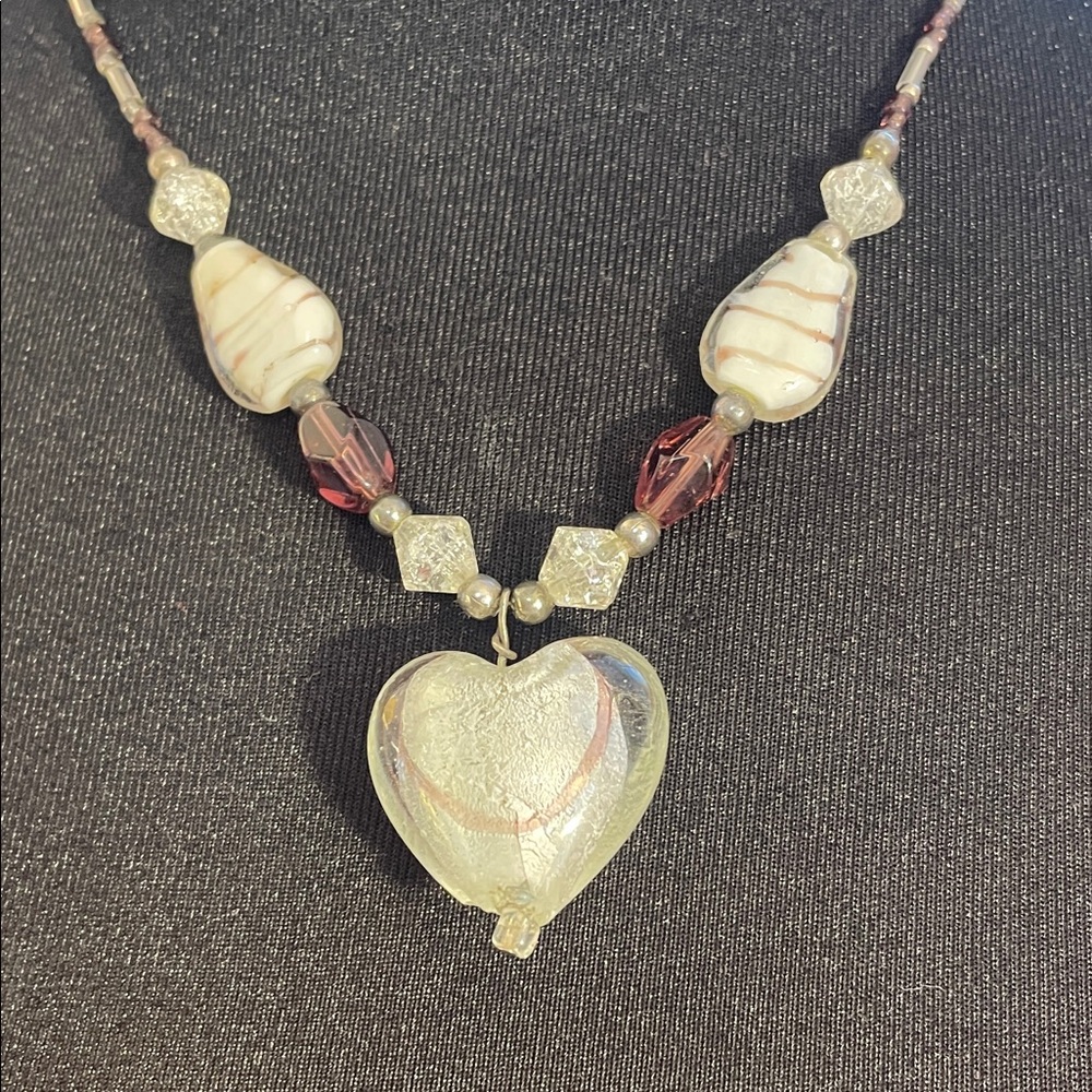 Elegant Glass Heart Pendant Necklace with white and purple color accents